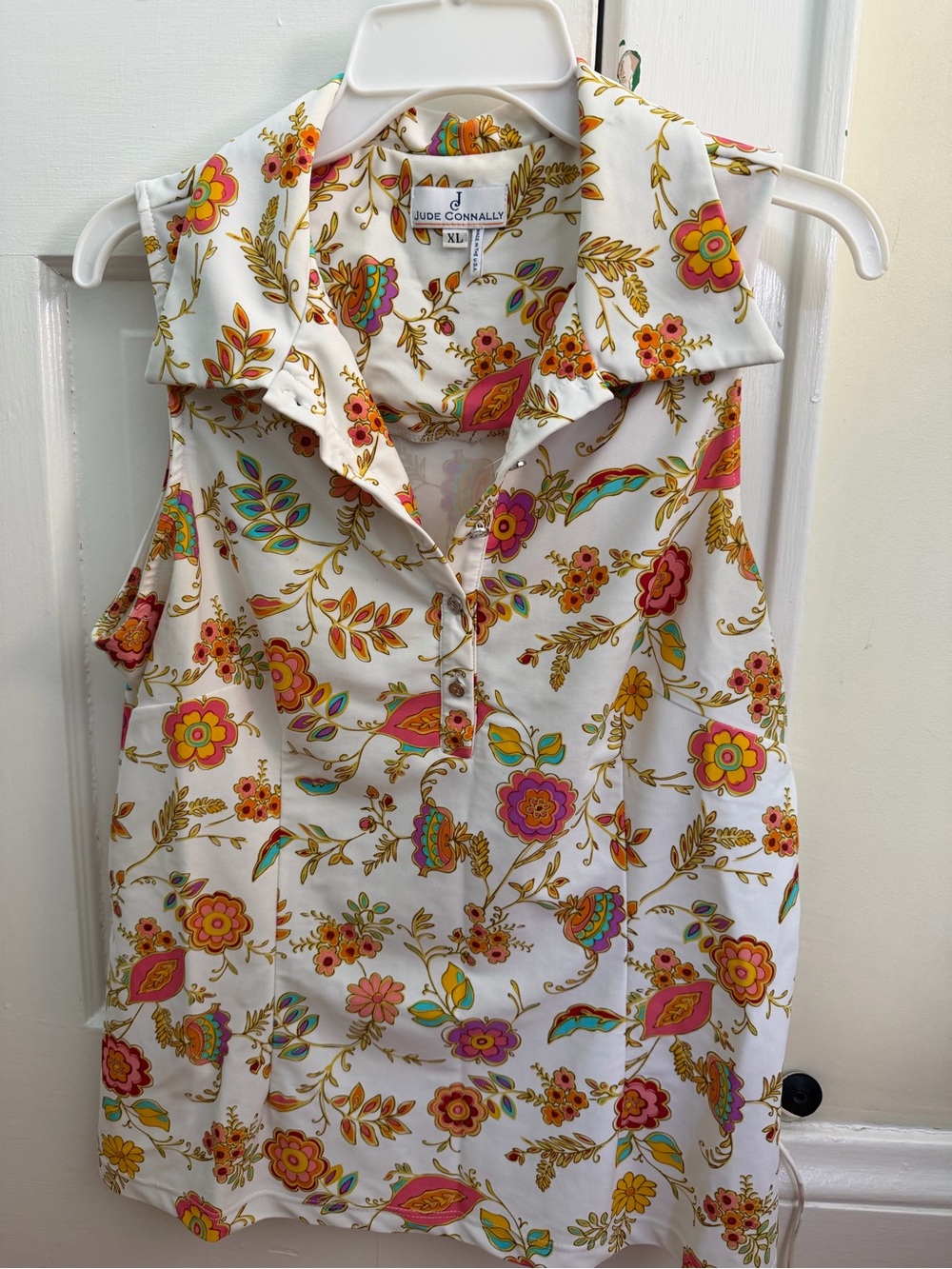 Jude Connally White Floral Sleeveless Button Polo